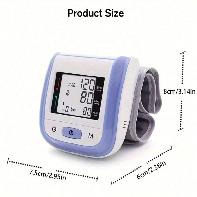 Tensiómetro digital de muñeca: pantalla LCD, voz y estuche portátil.