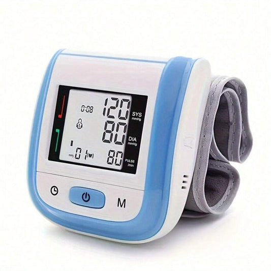 Tensiómetro digital de muñeca: pantalla LCD, voz y estuche portátil.
